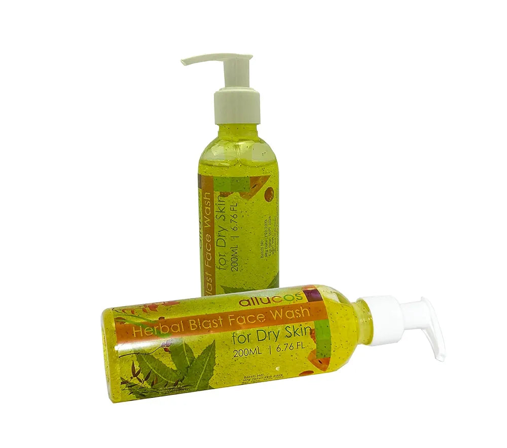 ALLUCOS Herbal Face Wash for Dry Skin – 100% Natural | Brightening & Hydrating | Enriched with Turmeric, Neem, Olive, Narikela & Peppermint for Glowing - Dry Skin - 200ML (Pack of 1)