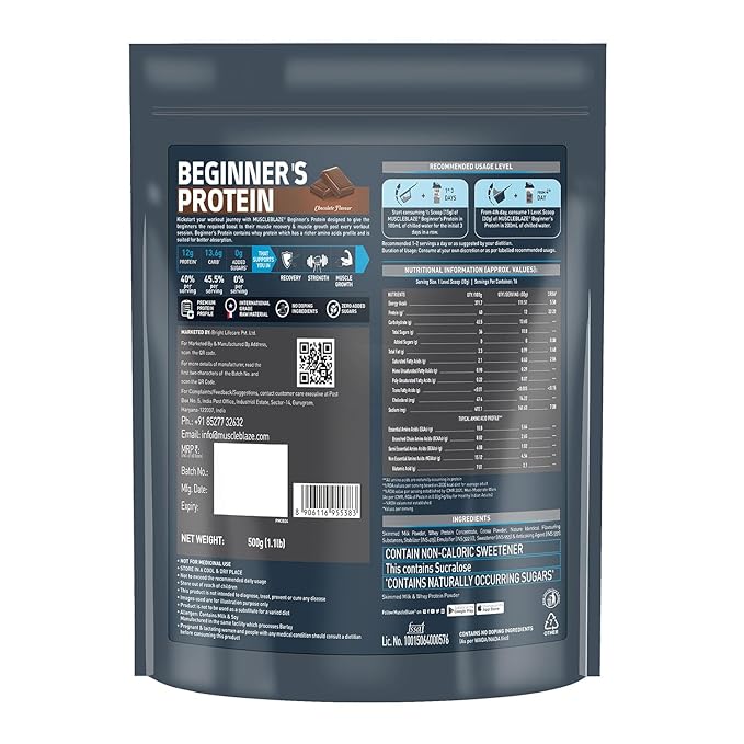 MuscleBlaze Beginner's Whey Protein, No Added Sugar, Faster Muscle Recovery & Improved Strength (Chocolate, 500 g / 1.1 lb)